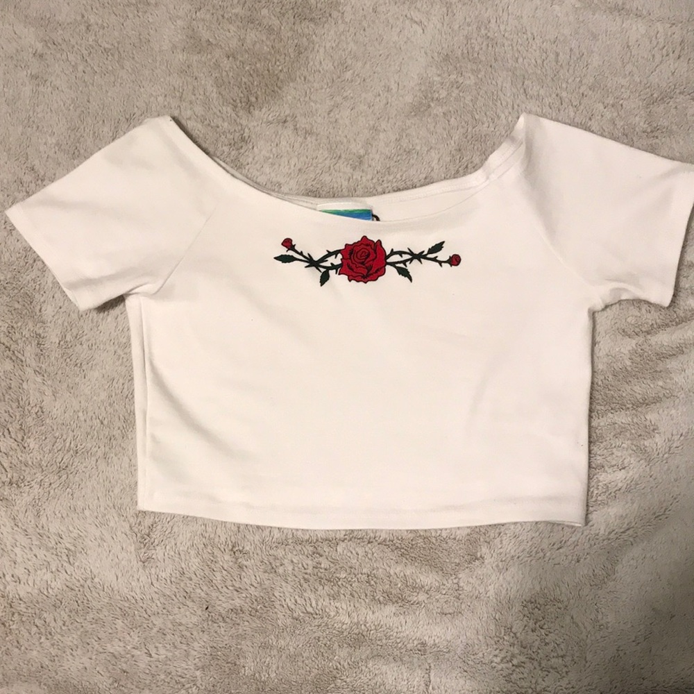 White crop top with red design